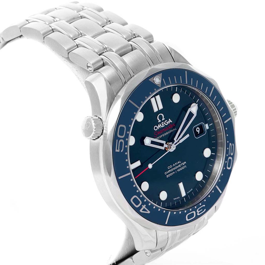 The image shows an angled view of the Omega Seamaster 212.30.41.20.03.001 Men
s Stainless Steel Blue Dial 212.30.41.20.03.001 Men
s Stainless Steel Blue Dial watch, highlighting the dial, bezel, and metal bracelet.