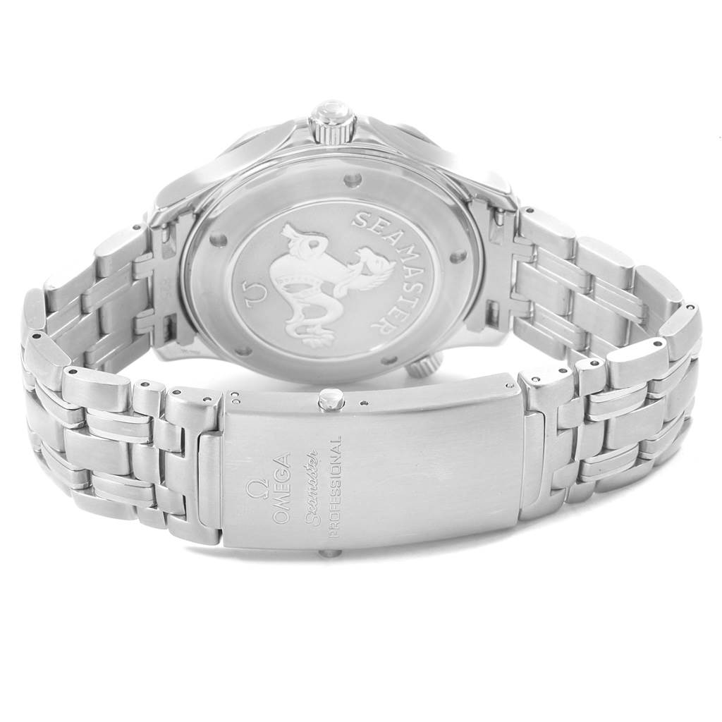 The image shows the back case and bracelet of the Omega Seamaster 2221.80.00 Men
s Stainless Steel Blue Dial 2221.80.00 Men
s Stainless Steel Blue Dial watch, displaying its branded clasp and engraved case back.