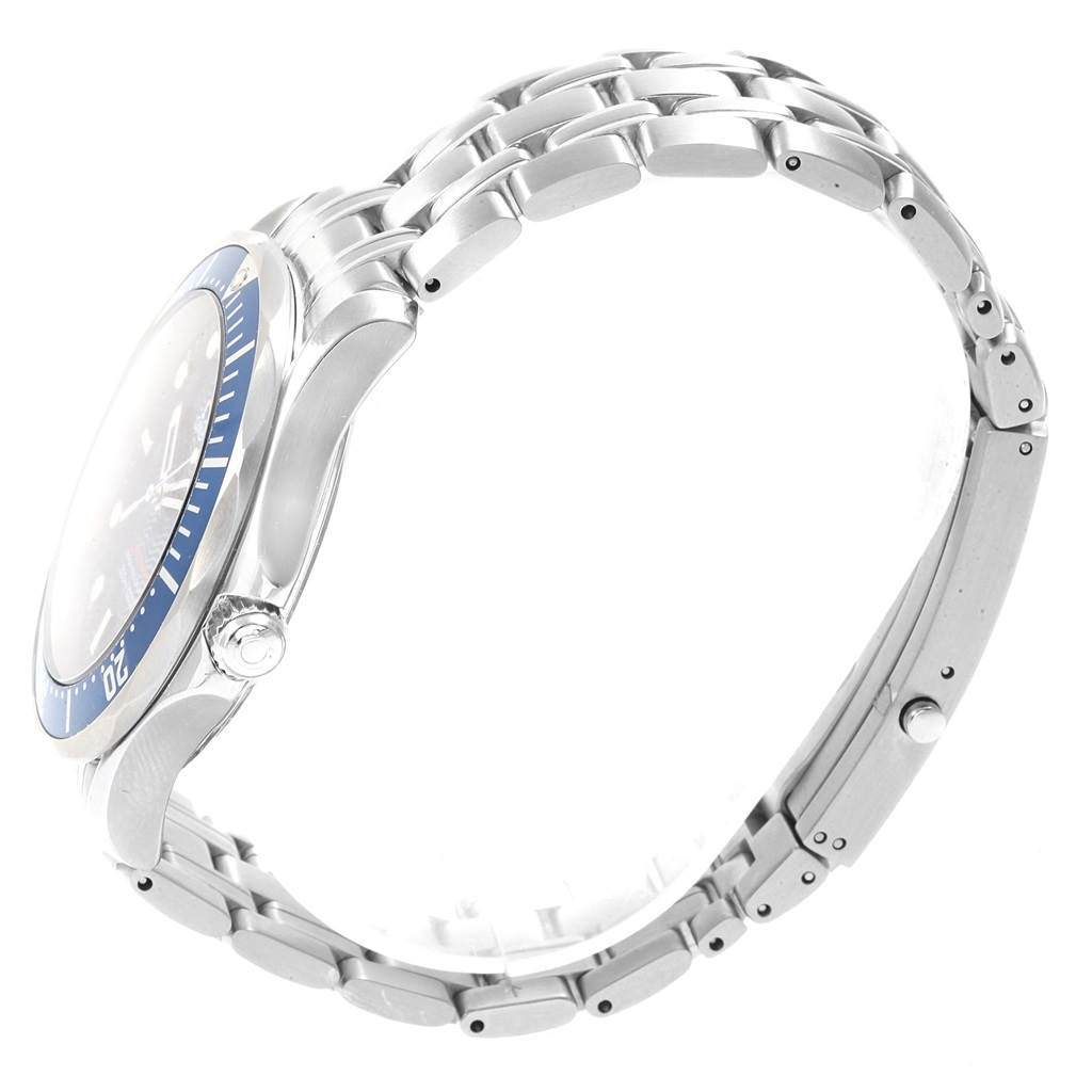 This side view shows the Omega Seamaster 2221.80.00 Men
s Stainless Steel Blue Dial 2221.80.00 Men
s Stainless Steel Blue Dial watch case, crown, bezel, and metal bracelet.