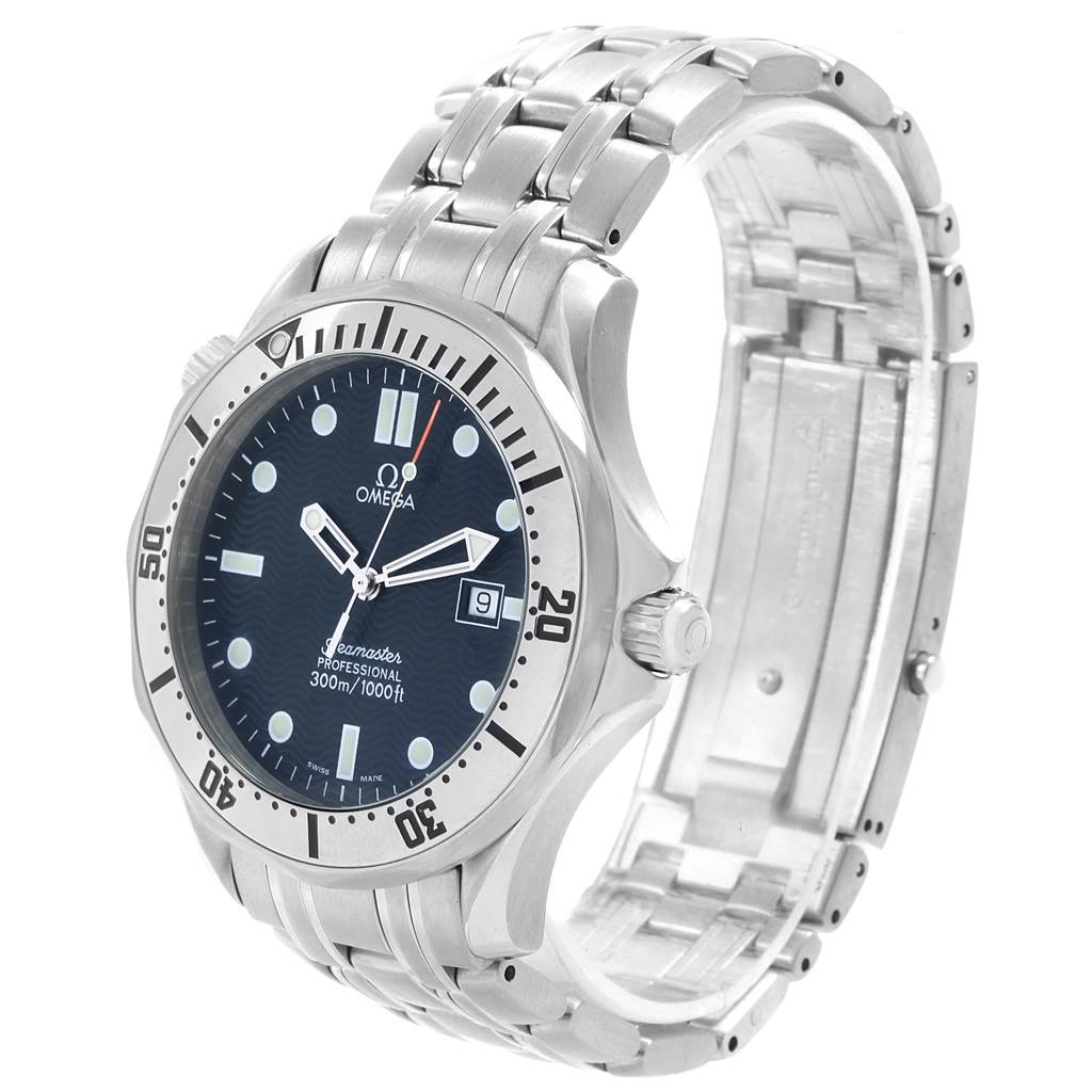 The Omega Seamaster 2542.80.00 Men
s Stainless Steel Blue Dial 2542.80.00 Men
s Stainless Steel Blue Dial watch is shown from an angled perspective, highlighting its face, bezel, and stainless steel bracelet.