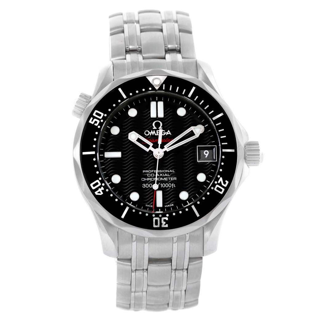 The image shows a frontal view of the Omega Seamaster 212.30.36.20.01.001 Men
s Stainless Steel Black Dial 212.30.36.20.01.001 Men
s Stainless Steel Black Dial watch, highlighting its black dial, bezel, and metal bracelet.