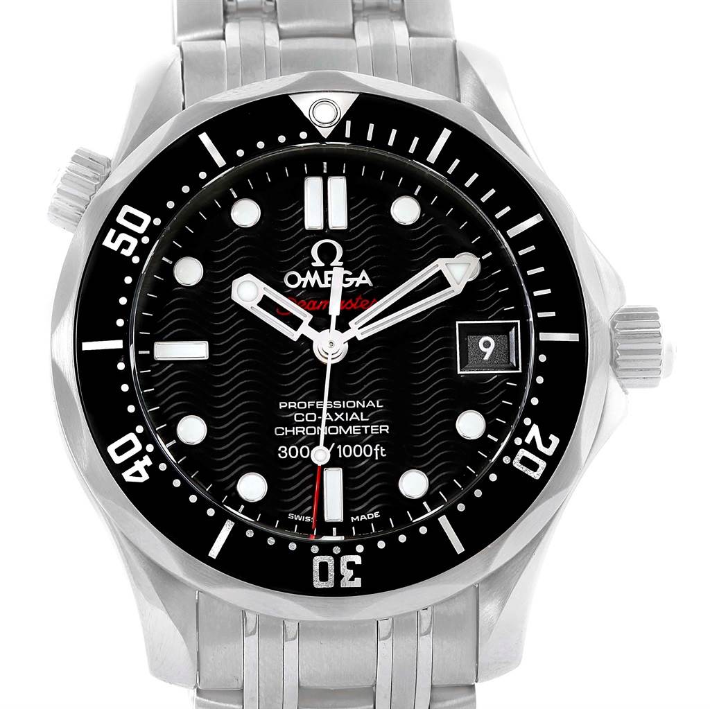 The image shows a front view of the Omega Seamaster 212.30.36.20.01.001 Men
s Stainless Steel Black Dial 212.30.36.20.01.001 Men
s Stainless Steel Black Dial watch, highlighting its face, bezel, crown, and stainless steel bracelet.