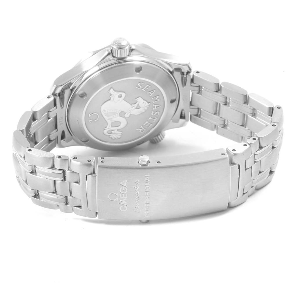 The image shows the back and clasp of an Omega Seamaster 212.30.36.20.01.001 Men
s Stainless Steel Black Dial 212.30.36.20.01.001 Men
s Stainless Steel Black Dial watch, highlighting the case back and metal bracelet.