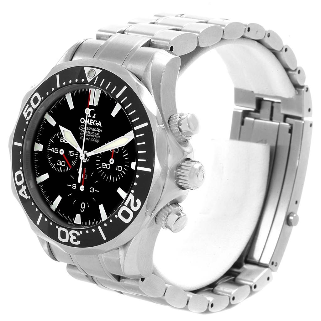 The image shows an Omega Seamaster 2594.52.00 Men
s Stainless Steel Black Dial 2594.52.00 Men
s Stainless Steel Black Dial watch from an angled side view, highlighting the case, bezel, crown, and part of the bracelet.