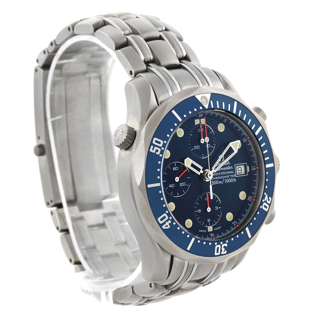 The image shows the Omega Seamaster 2298.80.00 Men
s Titanium Blue Dial 2298.80.00 Men
s Titanium Blue Dial watch at a three-quarter angle, highlighting the dial, bezel, and metal bracelet.