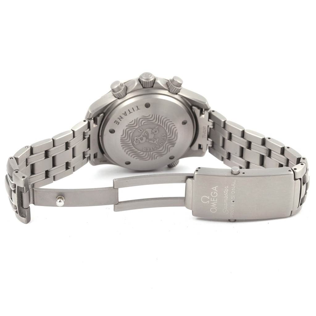 The image shows the back, clasp, and crown of an Omega Seamaster 2298.80.00 Men
s Titanium Blue Dial 2298.80.00 Men
s Titanium Blue Dial watch from a rear angle.