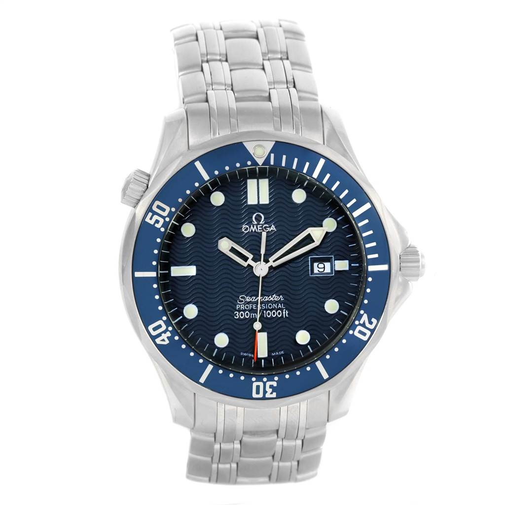 The image shows a front view of an Omega Seamaster 2541.80.00 Men
s Stainless Steel Blue Dial 2541.80.00 Men
s Stainless Steel Blue Dial watch, highlighting the dial, hands, bezel, and bracelet.