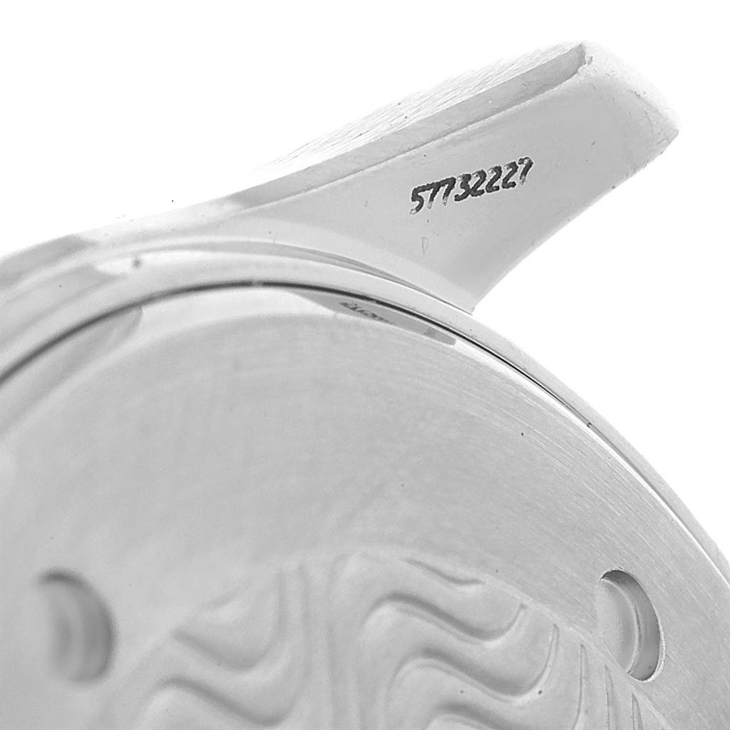 Close-up of the Omega Seamaster 2541.80.00 Men
s Stainless Steel Blue Dial 2541.80.00 Men
s Stainless Steel Blue Dial watch, showing part of the case and a serial number on the lug.