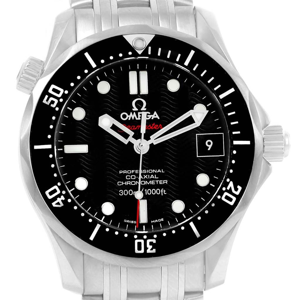 The image shows a front view of the Omega Seamaster 212.30.41.20.01.002 Men
s Stainless Steel Black Dial 212.30.41.20.01.002 Men
s Stainless Steel Black Dial watch, highlighting its black dial, bezel, hands, and bracelet.