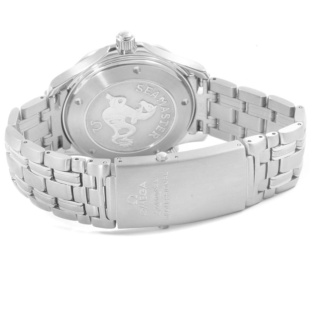 The image shows the case back and bracelet clasp of an Omega Seamaster 212.30.41.20.01.002 Men
s Stainless Steel Black Dial 212.30.41.20.01.002 Men
s Stainless Steel Black Dial watch from a rear angle.