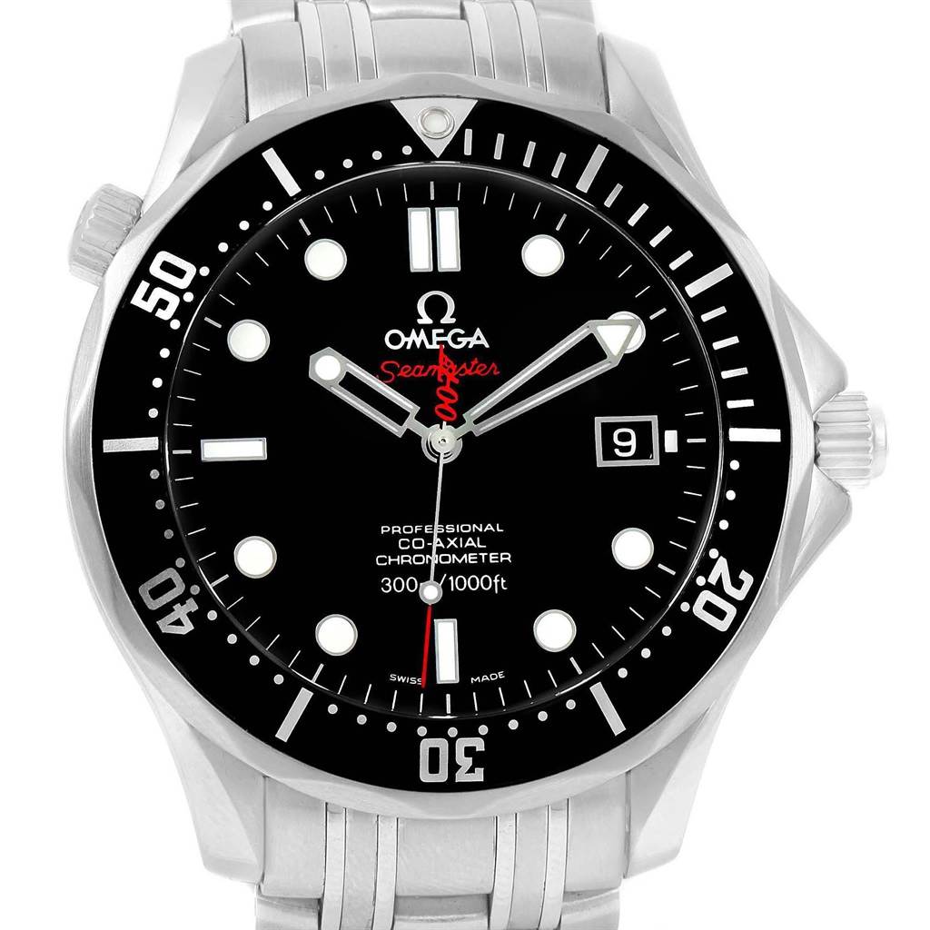 The image shows a front view of the Omega Seamaster 212.30.41.20.01.001 Men
s Stainless Steel Black Dial 212.30.41.20.01.001 Men
s Stainless Steel Black Dial watch, displaying the dial, hands, bezel, crown, and part of the bracelet.