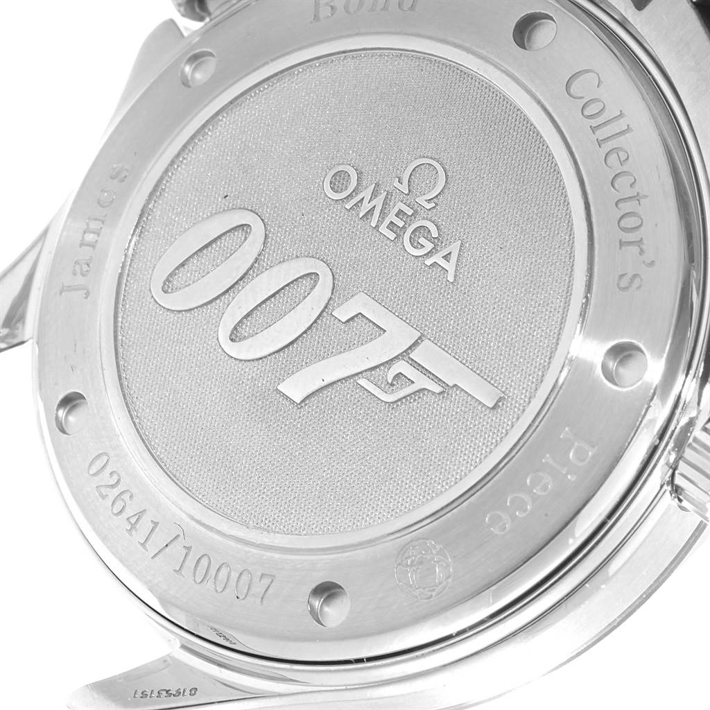 The image shows a close-up view of the case back of an Omega Seamaster 212.30.41.20.01.001 Men
s Stainless Steel Black Dial 212.30.41.20.01.001 Men
s Stainless Steel Black Dial watch, featuring the James Bond 007 logo.