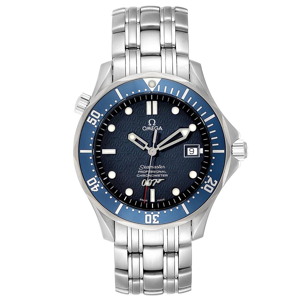 The image shows a front view of the Omega Seamaster 2537.80.00 Men
s Stainless Steel Blue Dial 2537.80.00 Men
s Stainless Steel Blue Dial watch, showcasing its dial, bezel, and metal bracelet.
