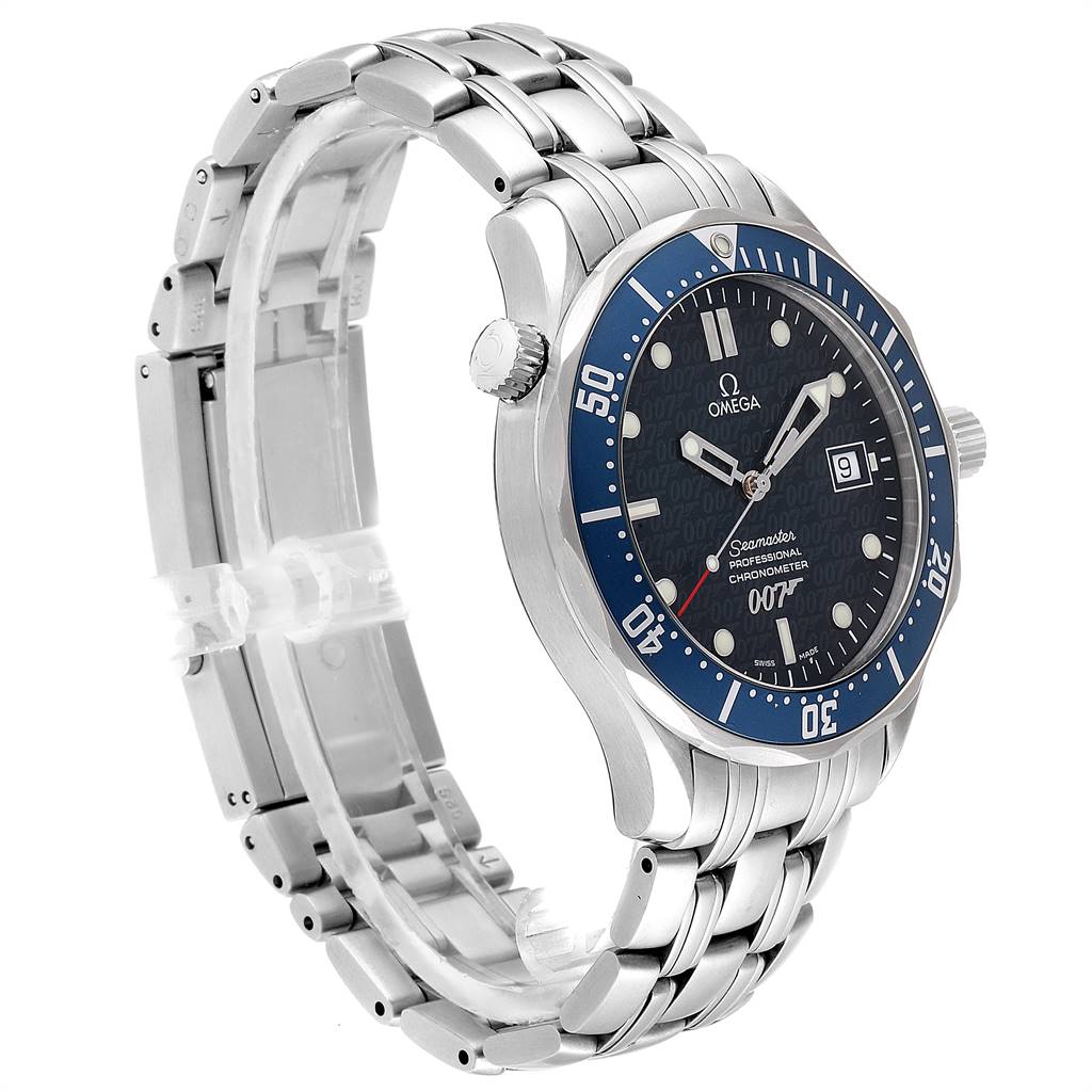 The image shows a side angle of the Omega Seamaster 2537.80.00 Men
s Stainless Steel Blue Dial 2537.80.00 Men
s Stainless Steel Blue Dial watch, highlighting the stainless steel bracelet, dial, bezel, and crown.