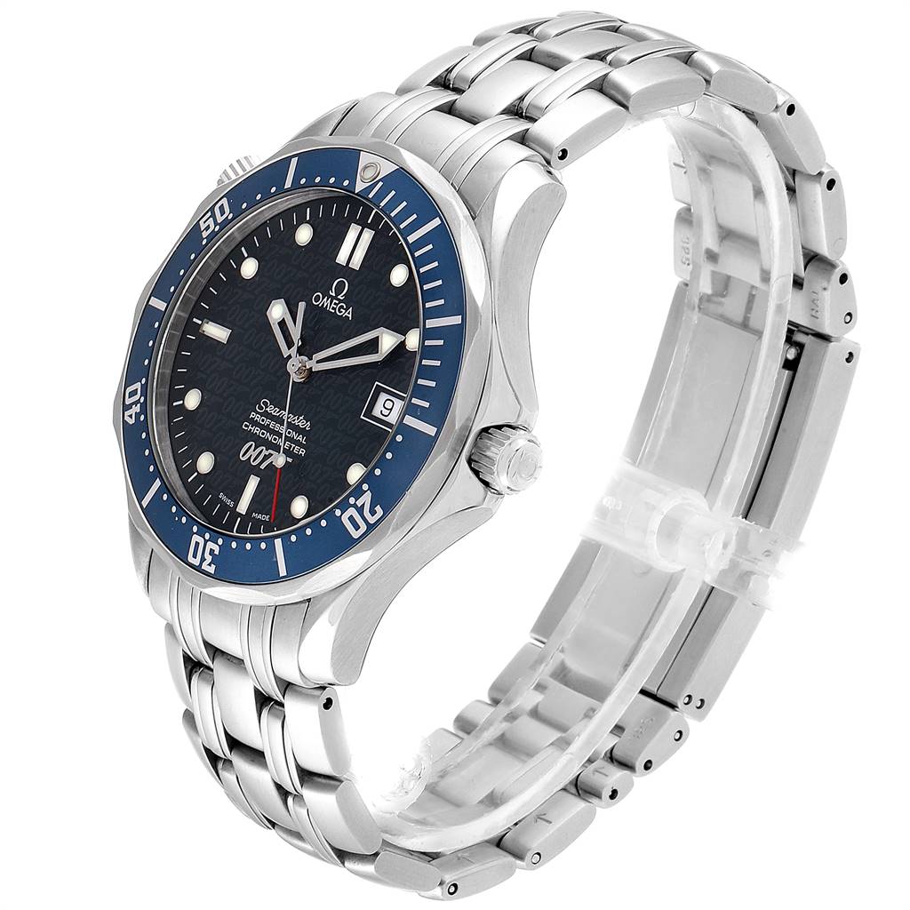 The Omega Seamaster 2537.80.00 Men
s Stainless Steel Blue Dial 2537.80.00 Men
s Stainless Steel Blue Dial watch is shown at an angle highlighting its face, bezel, crown, and stainless steel bracelet.
