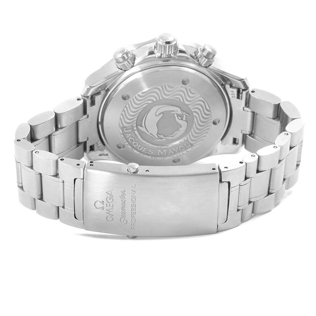 The image shows the case back and bracelet clasp of an Omega Seamaster 2595.50.00 Men
s Stainless Steel Black Dial 2595.50.00 Men
s Stainless Steel Black Dial watch.