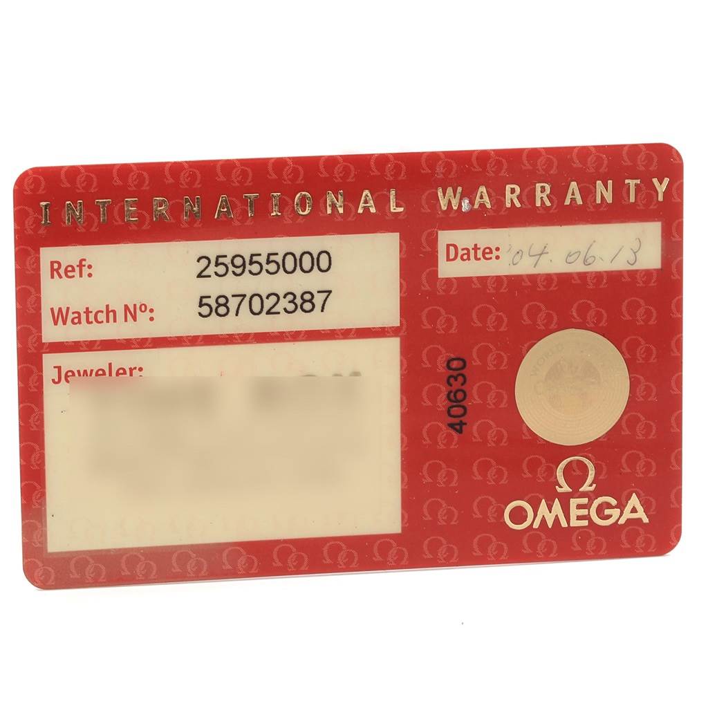 This image shows the international warranty card for the Omega Seamaster 2595.50.00 Men
s Stainless Steel Black Dial 2595.50.00 Men
s Stainless Steel Black Dial watch.