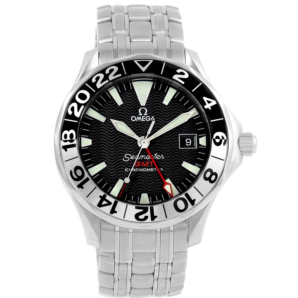 The image shows a front view of an Omega Seamaster 2534.50.00 Men
s Stainless Steel Black Dial 2534.50.00 Men
s Stainless Steel Black Dial watch, highlighting its face, bezel, dial, hands, date window, and bracelet.