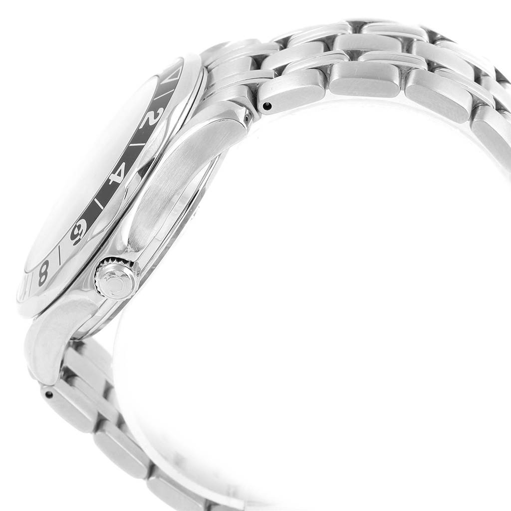 This side view of an Omega Seamaster 2534.50.00 Men
s Stainless Steel Black Dial 2534.50.00 Men
s Stainless Steel Black Dial watch shows the bezel, crown, and stainless steel bracelet.