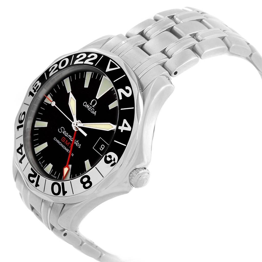 The image displays an Omega Seamaster 2534.50.00 Men
s Stainless Steel Black Dial 2534.50.00 Men
s Stainless Steel Black Dial watch at a slightly tilted side angle, showing the dial, bezel, and part of the bracelet.