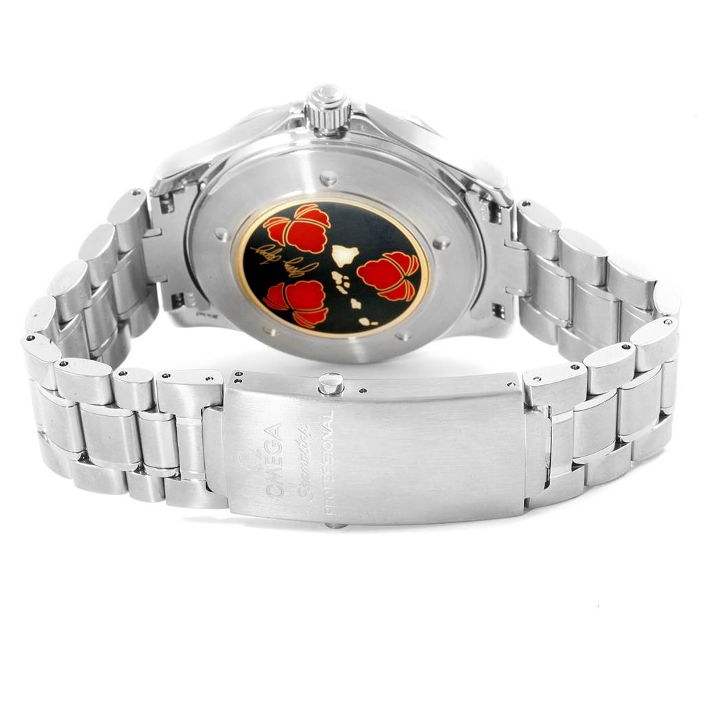 The image shows the back view of an Omega Seamaster 2536.50.00 Men's Stainless Steel Black Dial 2536.50.00 Men's Stainless Steel Black Dial watch, highlighting the clasp and the intricate case back design.