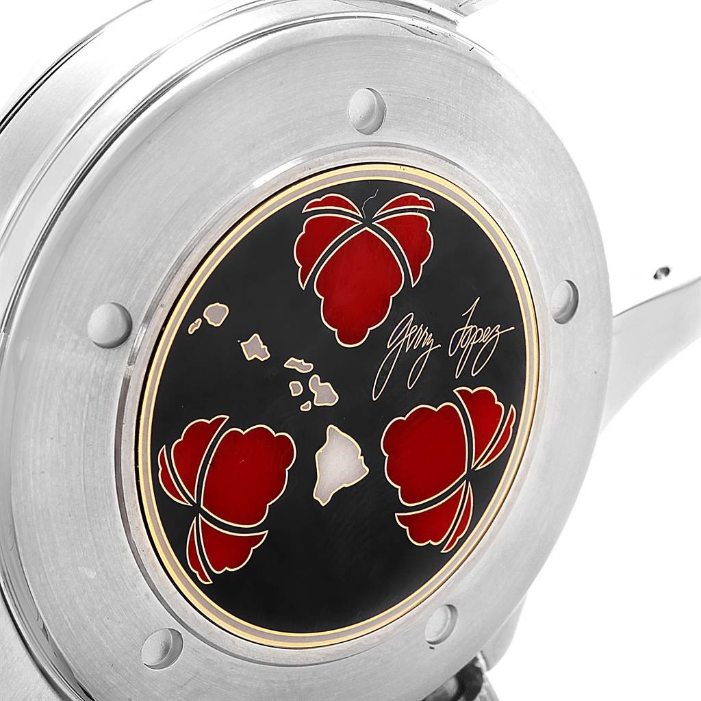 This image shows the case back of an Omega Seamaster 2536.50.00 Men's Stainless Steel Black Dial 2536.50.00 Men's Stainless Steel Black Dial watch featuring a decorative design and a signature.