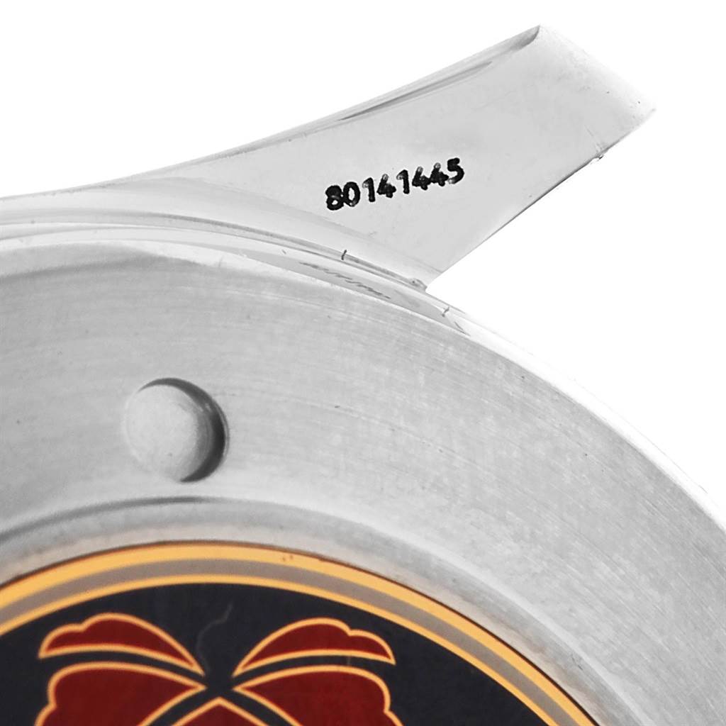 The image shows a close-up of the Omega Seamaster 2536.50.00 Men's Stainless Steel Black Dial 2536.50.00 Men's Stainless Steel Black Dial watch focusing on the lug and part of the case back with a serial number.