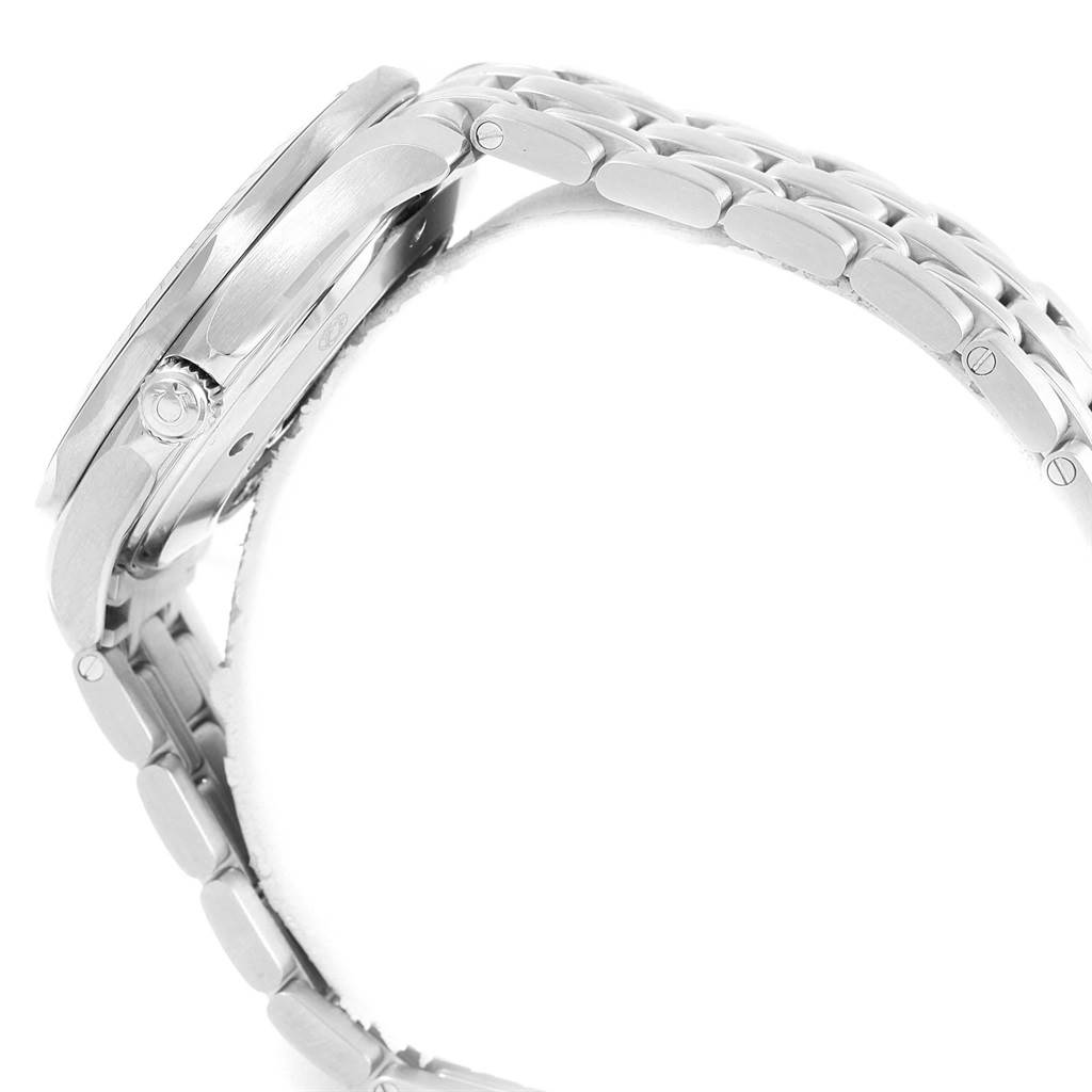 The image shows a side view of an Omega Seamaster 212.30.41.20.03.001 Men
s Stainless Steel Blue Dial 212.30.41.20.03.001 Men
s Stainless Steel Blue Dial watch with a focus on its stainless steel case and bracelet.