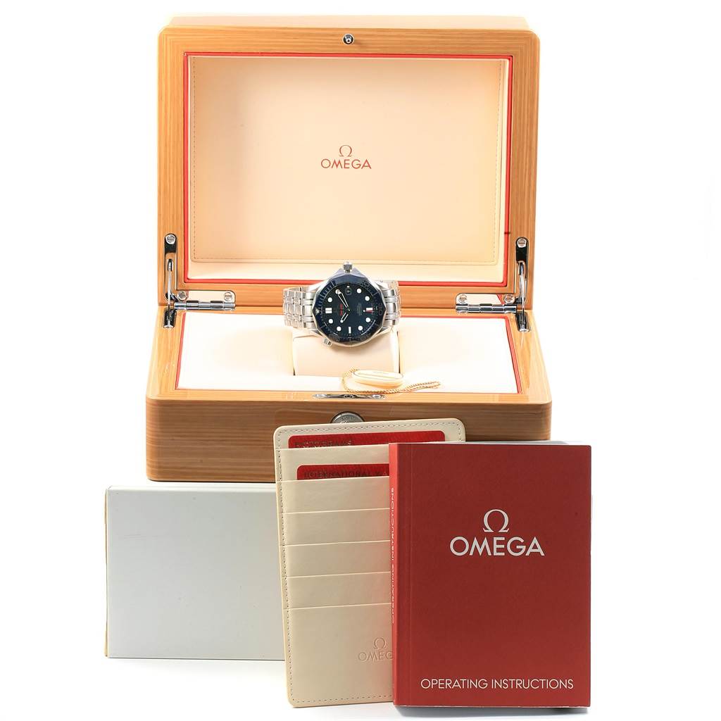 The image shows an Omega Seamaster 212.30.41.20.03.001 Men
s Stainless Steel Blue Dial 212.30.41.20.03.001 Men
s Stainless Steel Blue Dial watch in its open case, with instruction manual and cardholder included.
