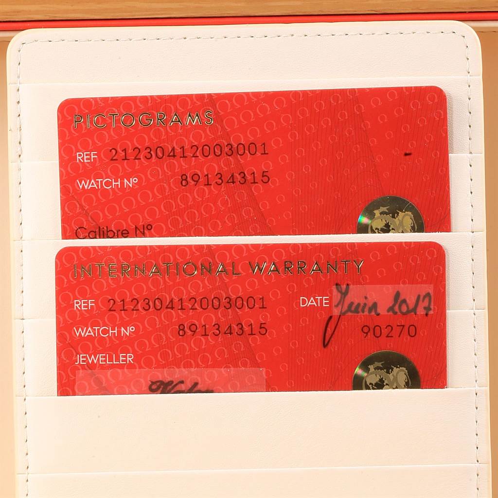 The image shows the warranty and pictogram cards for the Omega Seamaster 212.30.41.20.03.001 Men
s Stainless Steel Blue Dial 212.30.41.20.03.001 Men
s Stainless Steel Blue Dial watch.