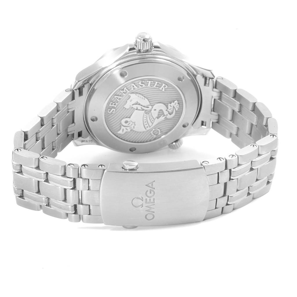 The image shows the back view of an Omega Seamaster 212.30.41.20.03.001 Men
s Stainless Steel Blue Dial 212.30.41.20.03.001 Men
s Stainless Steel Blue Dial watch, focusing on the case back and stainless steel bracelet with Omega
s logo.