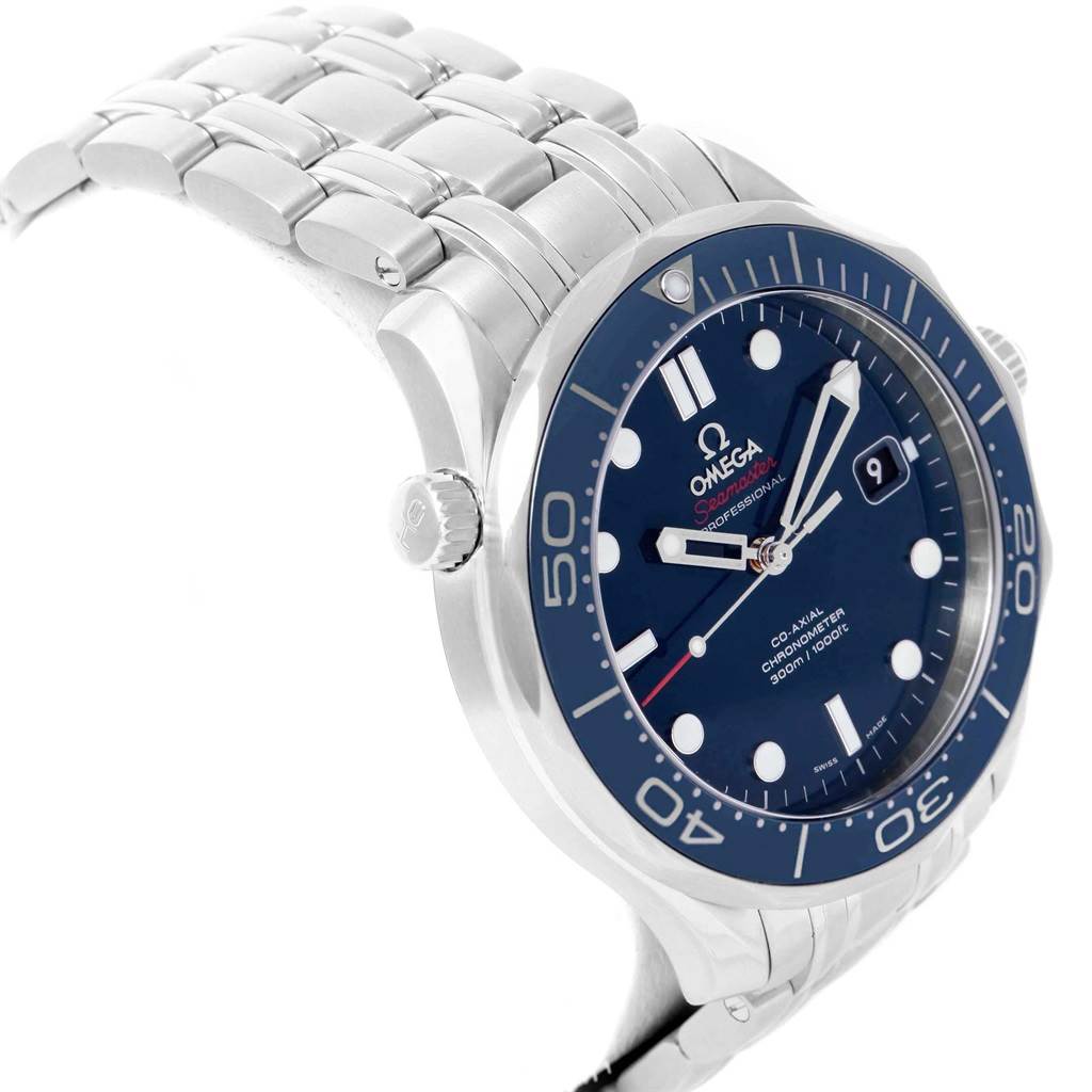 The image shows an angled side view of the Omega Seamaster 212.30.41.20.03.001 Men
s Stainless Steel Blue Dial 212.30.41.20.03.001 Men
s Stainless Steel Blue Dial watch, highlighting the bezel, dial, and metal bracelet.