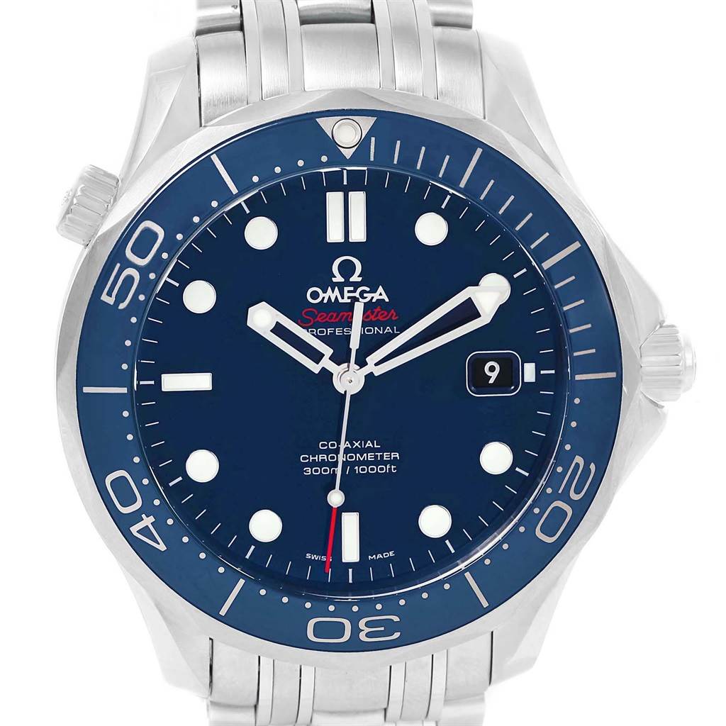 The Omega Seamaster 212.30.41.20.03.001 Men
s Stainless Steel Blue Dial 212.30.41.20.03.001 Men
s Stainless Steel Blue Dial watch model is shown from the front, highlighting its dial, bezel, hands, and metal bracelet.
