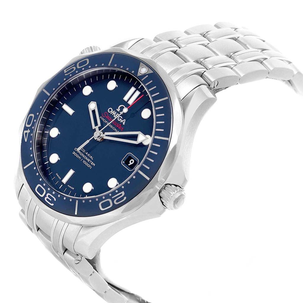 The Omega Seamaster 212.30.41.20.03.001 Men
s Stainless Steel Blue Dial 212.30.41.20.03.001 Men
s Stainless Steel Blue Dial watch is shown at an angle highlighting its face, bezel, bracelet, and crown.