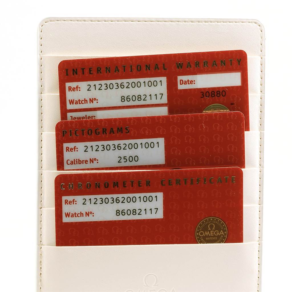 The image shows documentation for the Omega Seamaster 212.30.36.20.01.001 Men
s Stainless Steel Black Dial 212.30.36.20.01.001 Men
s Stainless Steel Black Dial, including international warranty, pictograms, and chronometer certificate cards.