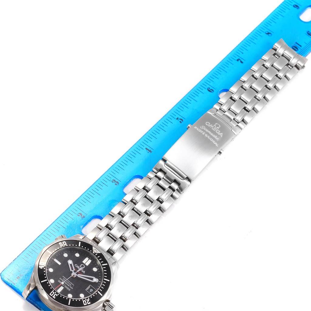 The image shows an Omega Seamaster 212.30.36.20.01.001 Men
s Stainless Steel Black Dial 212.30.36.20.01.001 Men
s Stainless Steel Black Dial watch from an overhead angle, displaying the dial, bracelet, and clasp.