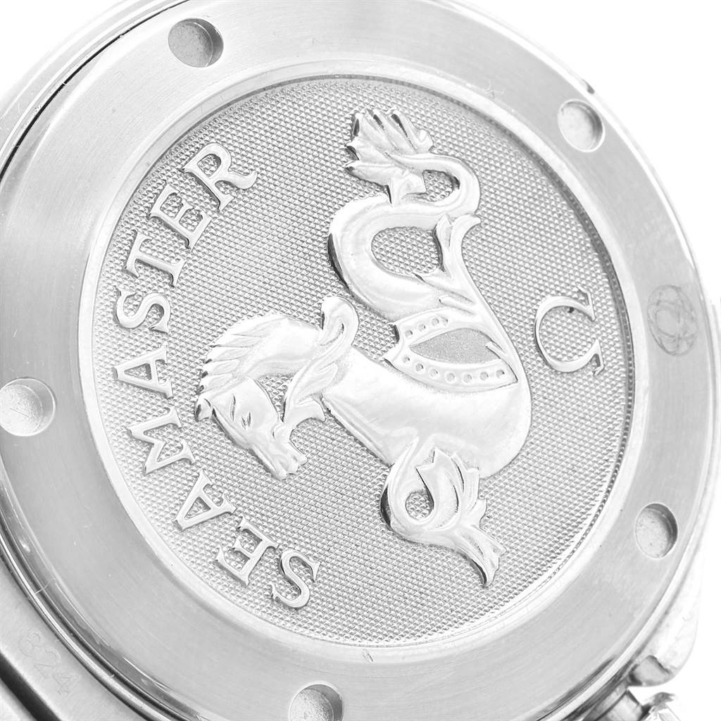 The image shows the case back of an Omega Seamaster 212.30.36.20.01.001 Men
s Stainless Steel Black Dial 212.30.36.20.01.001 Men
s Stainless Steel Black Dial watch, featuring its engraved emblem.