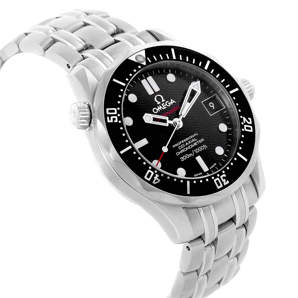 The image shows the Omega Seamaster 212.30.36.20.01.001 Men
s Stainless Steel Black Dial 212.30.36.20.01.001 Men
s Stainless Steel Black Dial watch from a front-left angle, focusing on the dial, bezel, and part of the bracelet.