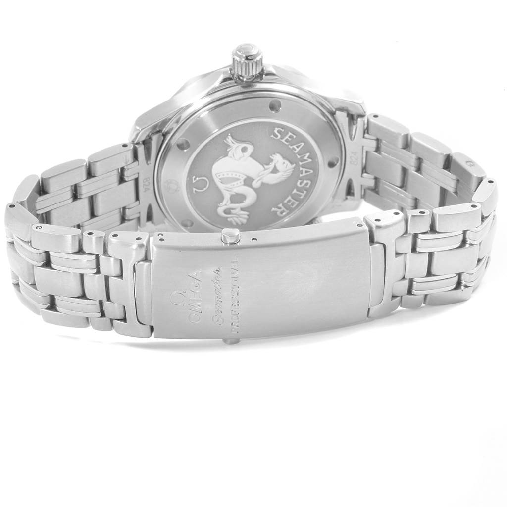 The image shows the back case and bracelet clasp of the Omega Seamaster 212.30.36.20.01.001 Men
s Stainless Steel Black Dial 212.30.36.20.01.001 Men
s Stainless Steel Black Dial watch from a rear angle.