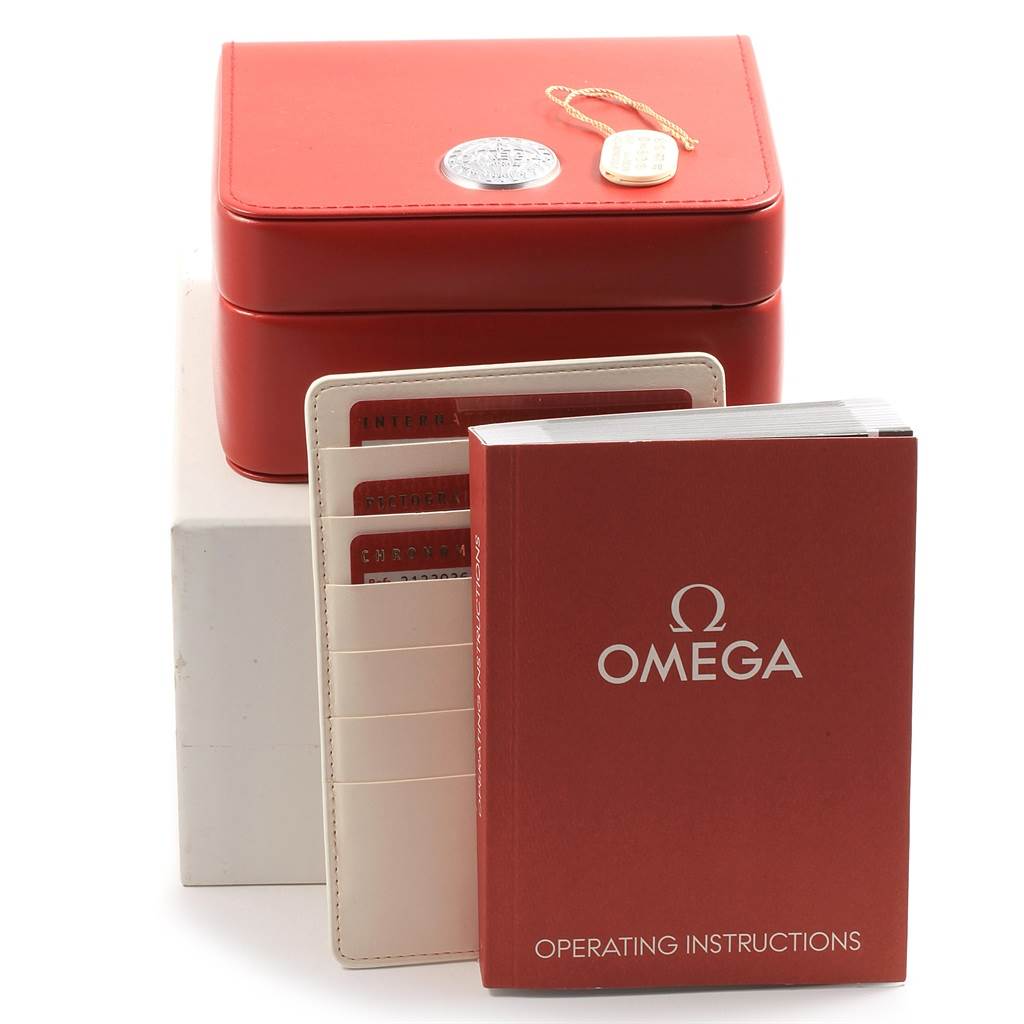 The image shows an Omega Seamaster 212.30.36.20.01.001 Men
s Stainless Steel Black Dial 212.30.36.20.01.001 Men
s Stainless Steel Black Dial watch box, the operating instructions booklet, and a section for cards, all viewed from the front.