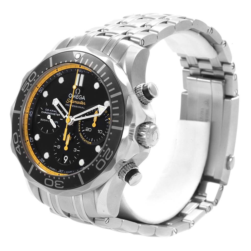 This image shows an angled side view of the Omega Seamaster 212.30.44.50.01.002 Men
s Stainless Steel Black Dial 212.30.44.50.01.002 Men
s Stainless Steel Black Dial watch, highlighting the face, bezel, crown, and bracelet.