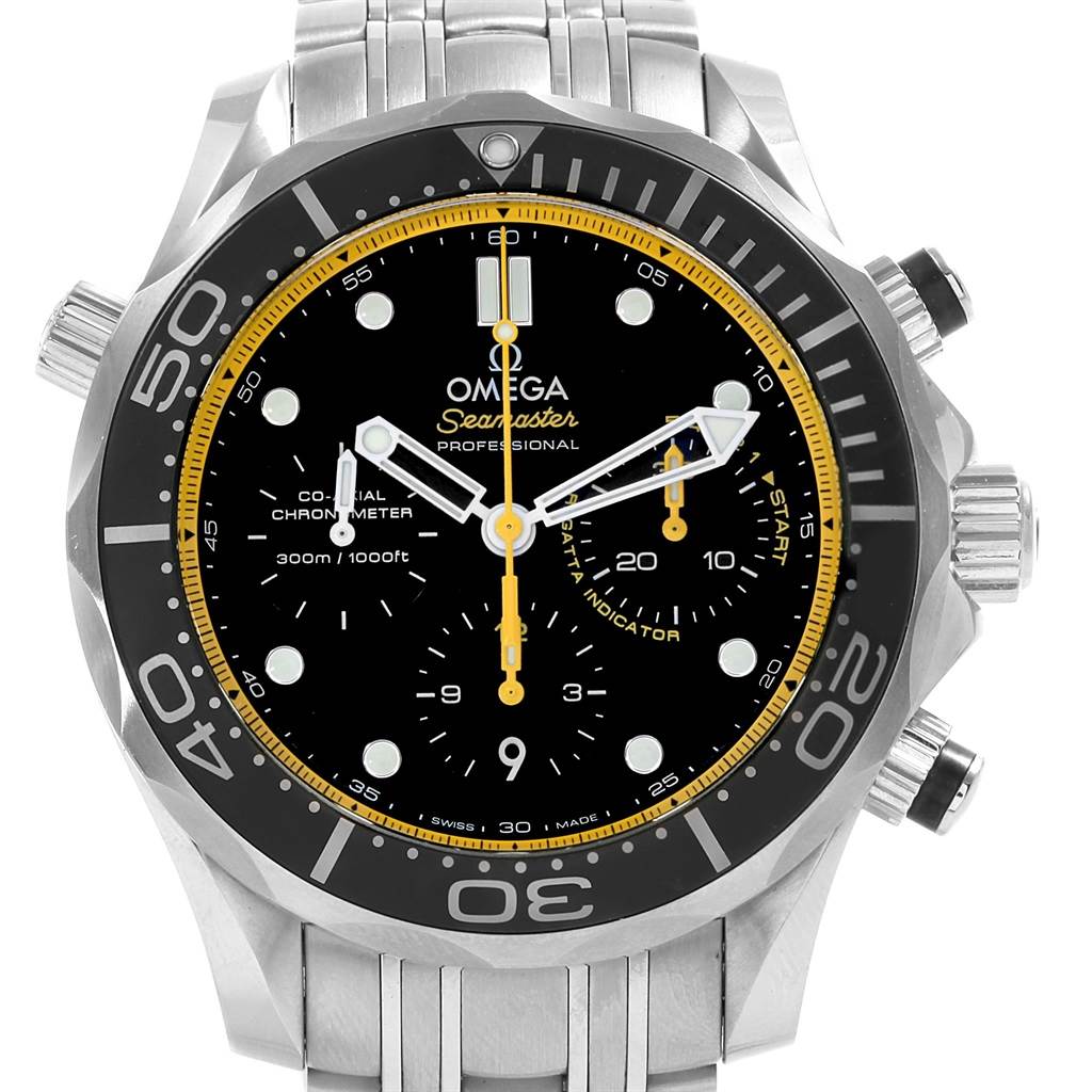 This image shows a front view of an Omega Seamaster 212.30.44.50.01.002 Men
s Stainless Steel Black Dial 212.30.44.50.01.002 Men
s Stainless Steel Black Dial watch, highlighting its face, band, bezel, and chronograph buttons.