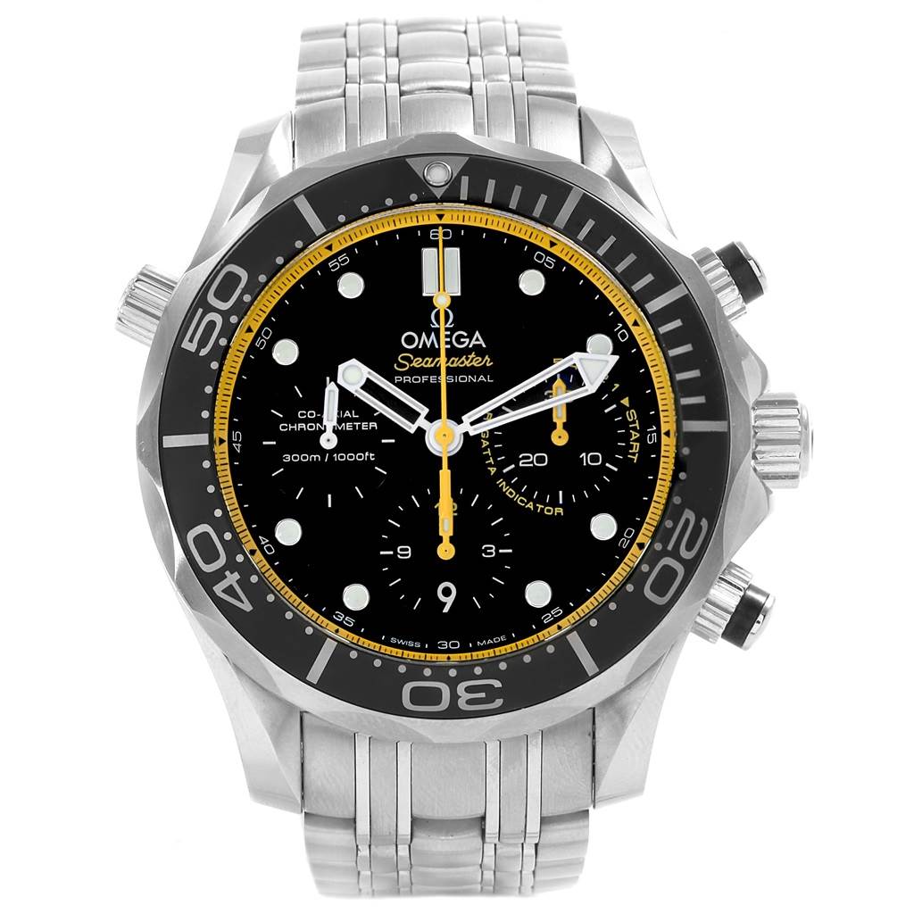 Front view of an Omega Seamaster 212.30.44.50.01.002 Men
s Stainless Steel Black Dial 212.30.44.50.01.002 Men
s Stainless Steel Black Dial watch showing the face, bezel, and part of the metal bracelet.