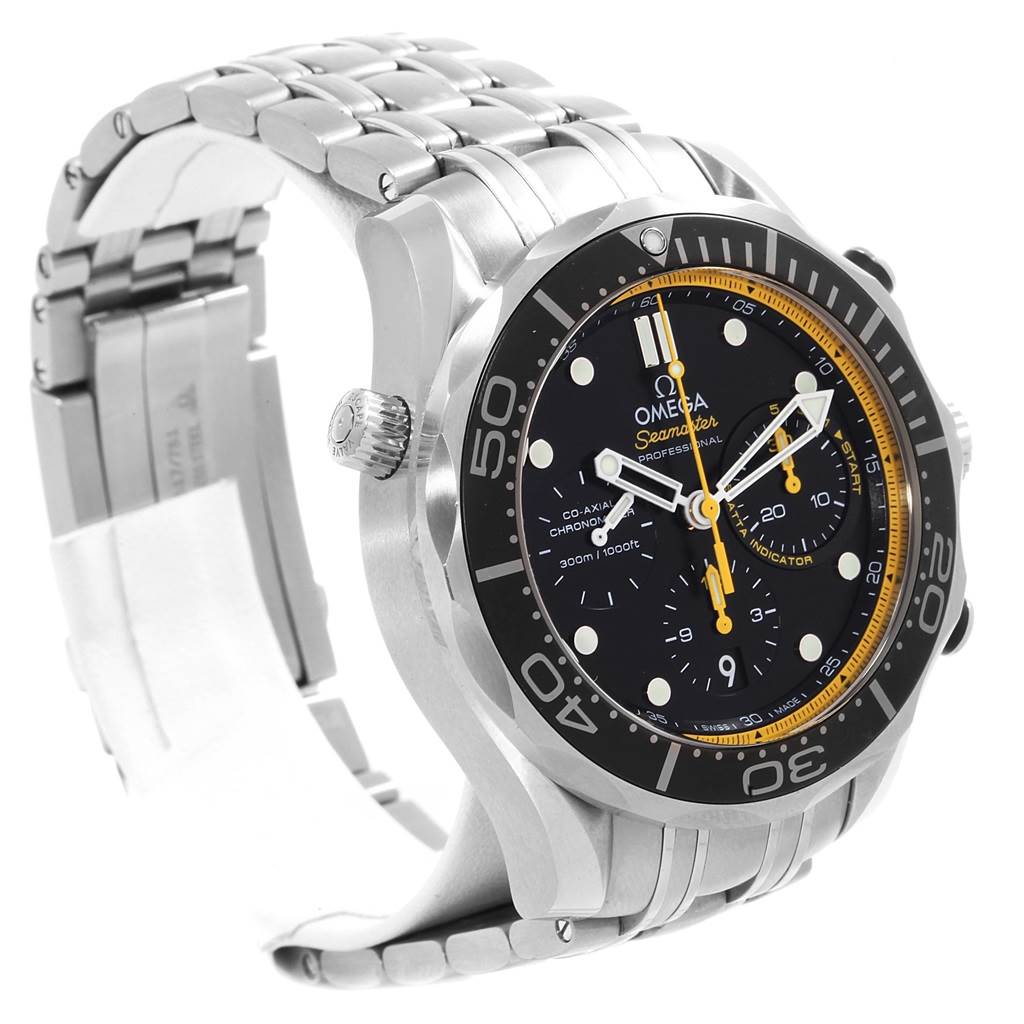 The image shows a side angle of an Omega Seamaster 212.30.44.50.01.002 Men
s Stainless Steel Black Dial 212.30.44.50.01.002 Men
s Stainless Steel Black Dial watch, highlighting its dial, bezel, and metal bracelet.