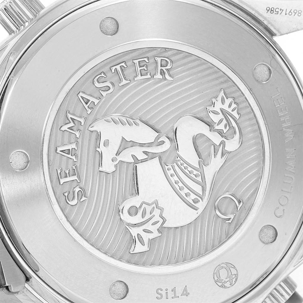 The image shows the case back of an Omega Seamaster 212.30.44.50.01.002 Men
s Stainless Steel Black Dial 212.30.44.50.01.002 Men
s Stainless Steel Black Dial watch featuring an engraved design and text.