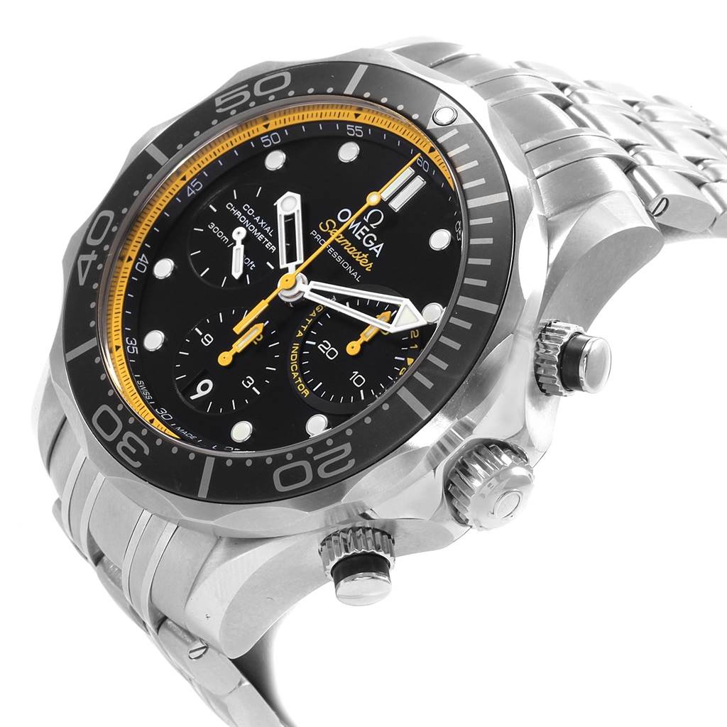 The image shows a front angle view of an Omega Seamaster 212.30.44.50.01.002 Men
s Stainless Steel Black Dial 212.30.44.50.01.002 Men
s Stainless Steel Black Dial watch, highlighting its bezel, dial, and bracelet.