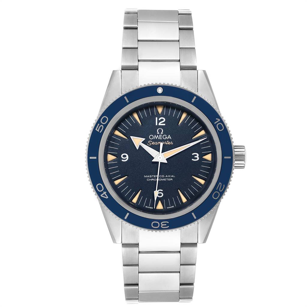 The image shows a front view of the Omega Seamaster 233.90.41.21.03.001 Men
s Titanium Blue Dial 233.90.41.21.03.001 Men
s Titanium Blue Dial watch, displaying the dial, bezel, hands, and bracelet.