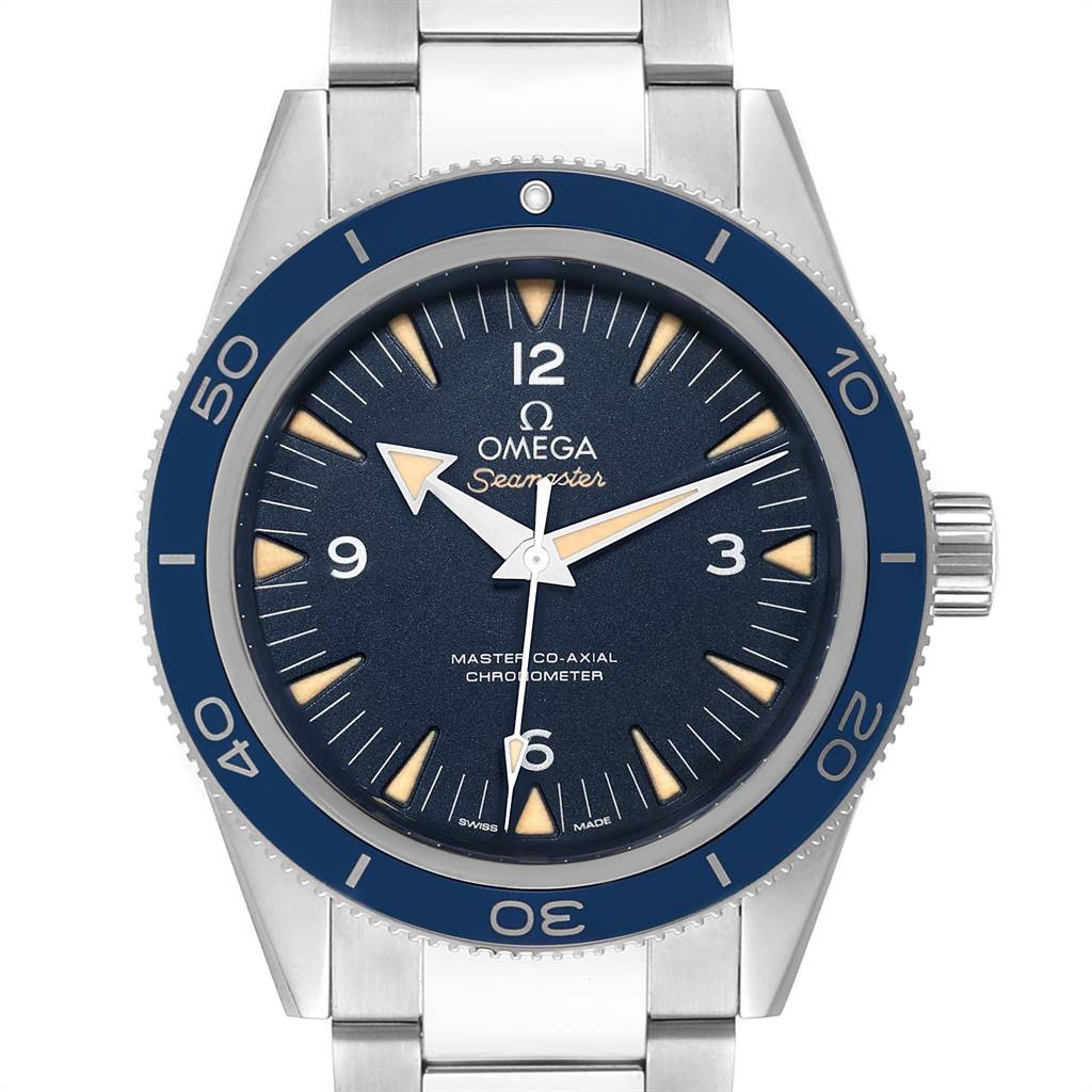 This image shows a frontal view of an Omega Seamaster 233.90.41.21.03.001 Men
s Titanium Blue Dial 233.90.41.21.03.001 Men
s Titanium Blue Dial watch, highlighting the dial, bezel, and part of the stainless steel bracelet.