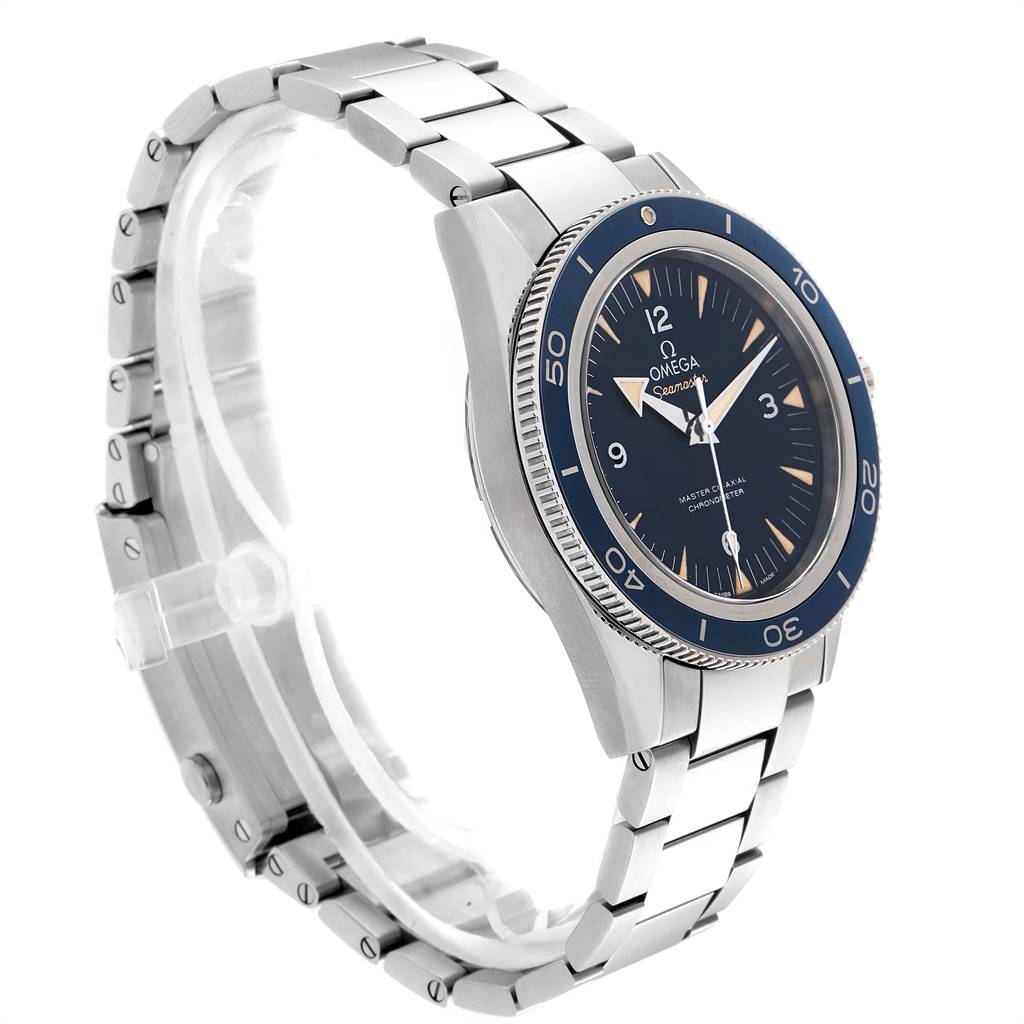 The image shows a side-angle view of an Omega Seamaster 233.90.41.21.03.001 Men
s Titanium Blue Dial 233.90.41.21.03.001 Men
s Titanium Blue Dial watch displaying its face, bezel, and stainless steel bracelet.