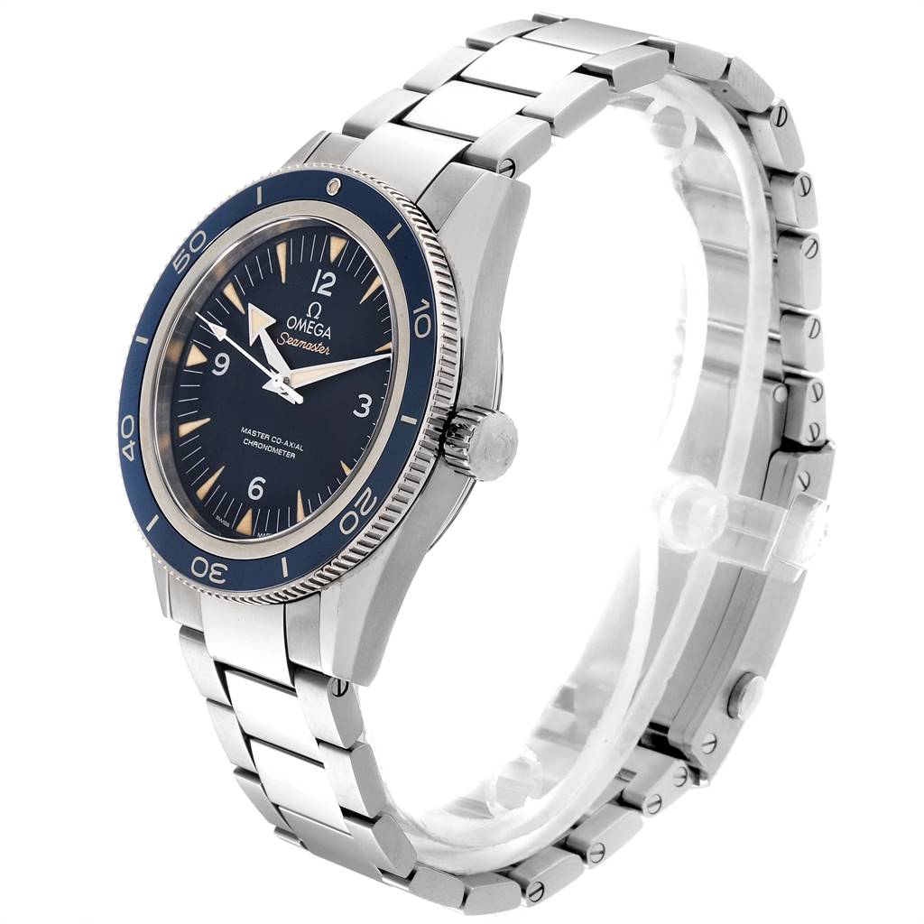 The image shows a side and partial top view of an Omega Seamaster 233.90.41.21.03.001 Men
s Titanium Blue Dial 233.90.41.21.03.001 Men
s Titanium Blue Dial watch, highlighting its dial, bezel, and bracelet.